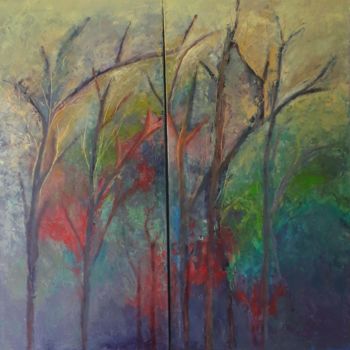 Painting titled "Brocéliande" by Eliane Ypersiel, Original Artwork, Oil Mounted on Wood Stretcher frame