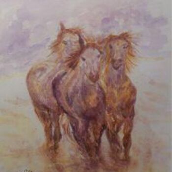 Painting titled "Chevaux en liberté" by Eliane Lebrun, Original Artwork