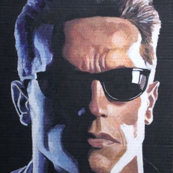 Painting titled "Schwarzenegger" by Fausto Campani, Original Artwork, Acrylic Mounted on Cardboard