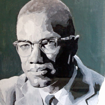 Painting titled "Malcolm X" by Fausto Campani, Original Artwork, Acrylic Mounted on Cardboard