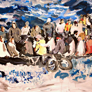 Painting titled "Boat people" by Fausto Campani, Original Artwork, Acrylic Mounted on Wood Panel