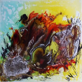 Schilderij getiteld "L'oiseau de feu" door Eliette Gaurin, Origineel Kunstwerk, Anders Gemonteerd op Frame voor houten branc…