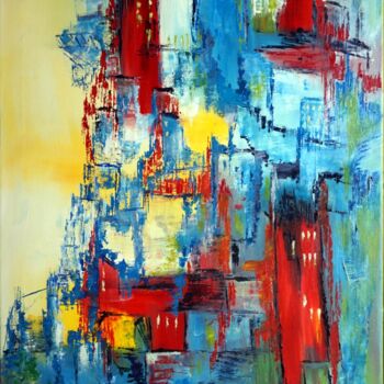 Painting titled "quartier-paisible-II" by Eliette Gaurin, Original Artwork, Oil Mounted on Wood Stretcher frame