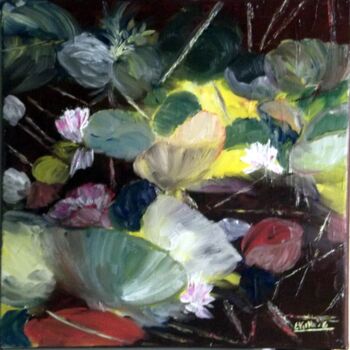 Painting titled "les-roses-du-lac" by Eliette Gaurin, Original Artwork, Oil Mounted on Wood Stretcher frame