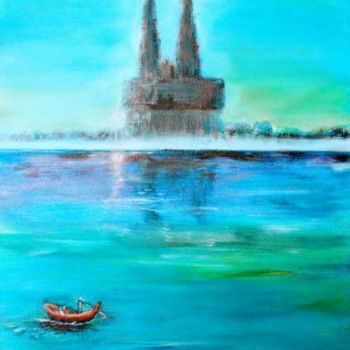 Painting titled "Boat on the Rhine" by Elif Art, Original Artwork
