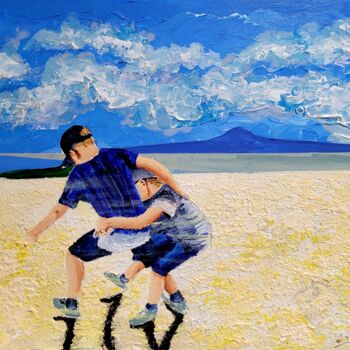Painting titled "Beach Boys Wrestling" by Eli Gross, Original Artwork, Acrylic