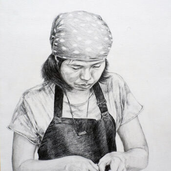 Dessin intitulée "thai worker" par Elina Evstig, Œuvre d'art originale, Crayon