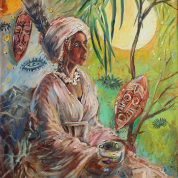 Schilderij getiteld "Old Mother" door Elina Vetrova, Origineel Kunstwerk, Olie Gemonteerd op Frame voor houten brancard