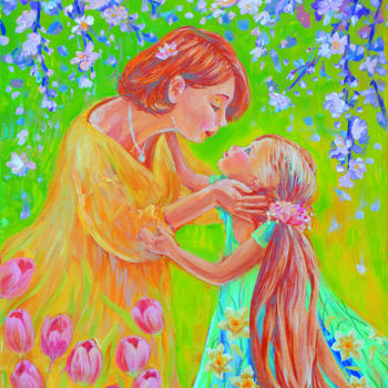 Painting titled "Mother and Child" by Elina Vetrova, Original Artwork, Oil Mounted on Wood Stretcher frame