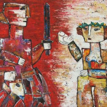 Painting titled "Warrior and the mai…" by Elin Bogomolnik, Original Artwork, Oil