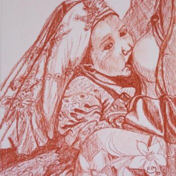 Dibujo titulada "Maternité" por Élisa Brun, Obra de arte original, Carbón