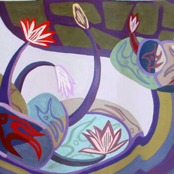 Ζωγραφική με τίτλο "Water lily in the g…" από Elisa Quynh, Αυθεντικά έργα τέχνης, Ακρυλικό
