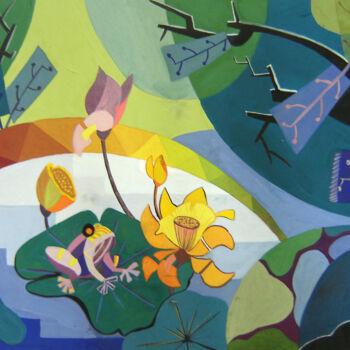 Schilderij getiteld "Baby frog in lotus…" door Elisa Quynh, Origineel Kunstwerk, Acryl