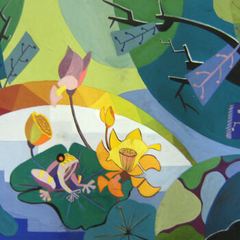 Painting titled "Baby frog in lotus…" by Elisa Quynh, Original Artwork, Acrylic