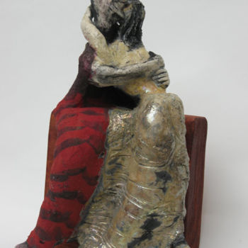 Sculptuur getiteld "amoureux assis 1" door Elisabeth Brainos, Origineel Kunstwerk, Terra cotta