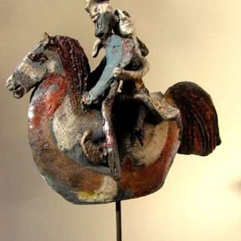 Sculpture titled "couple a cheval pm 2" by Elisabeth Brainos, Original Artwork, Terra cotta