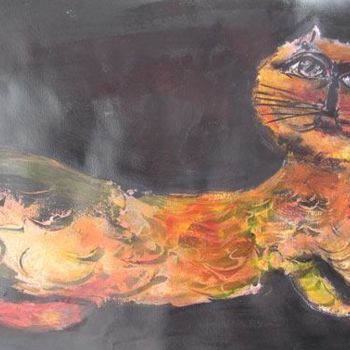 Pittura intitolato "chat sur fond noir" da Elisabeth Brainos, Opera d'arte originale