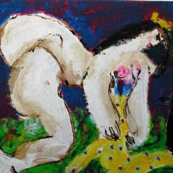 Pittura intitolato "le chat sur la couv…" da Elisabeth Brainos, Opera d'arte originale, Olio