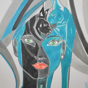 Peinture intitulée "Les yeux félines" par Elisabeth Constantin, Œuvre d'art originale, Encre