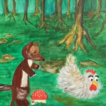 Peinture intitulée "Le renard et la pou…" par Elisabeth Fabre Derulliere, Œuvre d'art originale, Acrylique