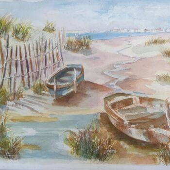Painting titled "Barques" by Elisabeth Fabre Derulliere, Original Artwork, Watercolor Mounted on artwork_cat.