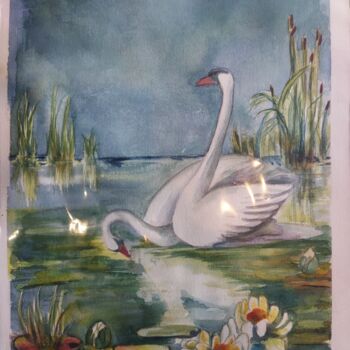 Peinture intitulée "Mare aux cygnes" par Elisabeth Fabre Derulliere, Œuvre d'art originale, Aquarelle