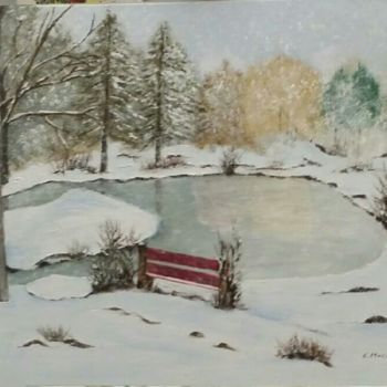 Картина под названием "Le banc rouge" - Elisabeth Moliner, Подлинное произведение искусства, Акрил