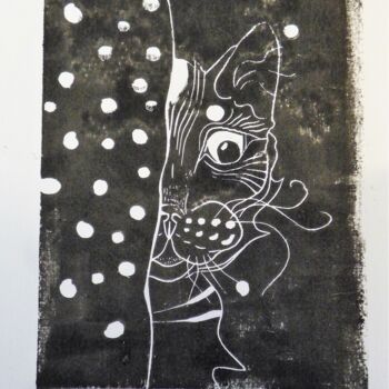 Gravures & estampes intitulée "Le rideau à pois -…" par Elisabeth Renard, Œuvre d'art originale, Linogravures