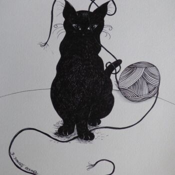 Dibujo titulada "Le chat et la pelot…" por Elisabeth Renard, Obra de arte original, Tinta