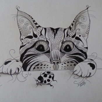 Disegno intitolato "Le chat et la cocci…" da Elisabeth Renard, Opera d'arte originale, Inchiostro