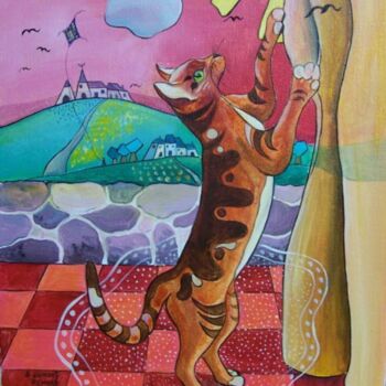 Pittura intitolato "Le chat et le rideau" da Elisabeth Renard, Opera d'arte originale