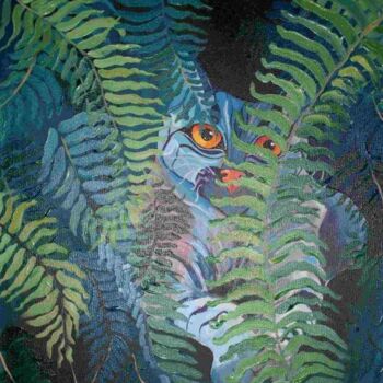 Pittura intitolato "le chat bleu sous l…" da Elisabeth Renard, Opera d'arte originale, Acrilico Montato su Telaio per barell…