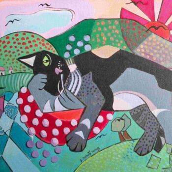 Pittura intitolato "Le chat dans le pay…" da Elisabeth Renard, Opera d'arte originale