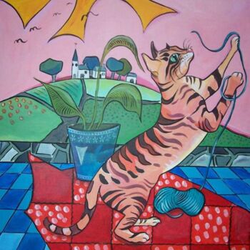 Картина под названием "le chat à la pelote…" - Elisabeth Renard, Подлинное произведение искусства