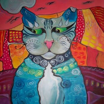 Painting titled "Le chat au tricot" by Elisabeth Renard, Original Artwork, Acrylic Mounted on Wood Stretcher frame