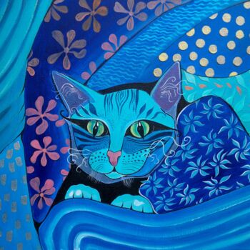 Peinture intitulée "Le chat bleu caché…" par Elisabeth Renard, Œuvre d'art originale, Huile