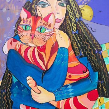 Peinture intitulée "la gitane au chat" par Elisabeth Renard, Œuvre d'art originale, Acrylique Monté sur Châssis en bois