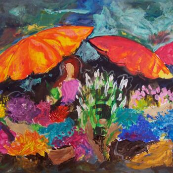 Painting titled "étal aux fleurs" by Elisabeth Renard, Original Artwork, Oil