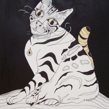 Disegno intitolato "création chat noir…" da Elisabeth Renard, Opera d'arte originale, Inchiostro