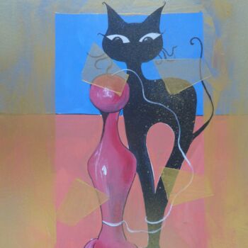 Painting titled "Le chat noir au bil…" by Elisabeth Renard, Original Artwork, Acrylic