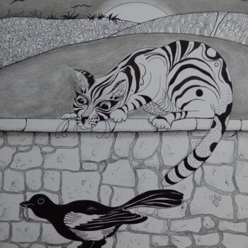 Dessin intitulée "Le soir, le chat ép…" par Elisabeth Renard, Œuvre d'art originale, Encre