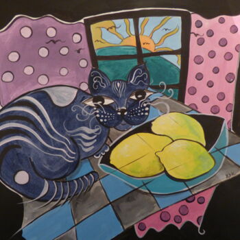 Peinture intitulée "le chat aux 3 citro…" par Elisabeth Renard, Œuvre d'art originale, Acrylique