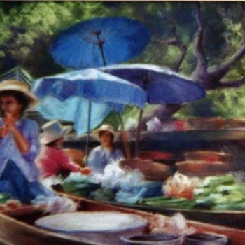 Painting titled "marché flottant en…" by Elisabeth Bazin, Original Artwork, Oil