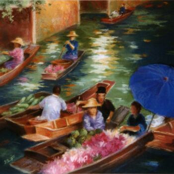 Peinture intitulée "Le marché flottant…" par Elisabeth Bazin, Œuvre d'art originale, Pastel