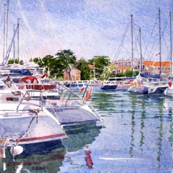 Schilderij getiteld "Le port de plaisanc…" door Elisabeth Bazin, Origineel Kunstwerk, Aquarel