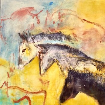 Peinture intitulée "chevaux et bisons" par Elisabeth Pierret, Œuvre d'art originale, Acrylique Monté sur Châssis en bois