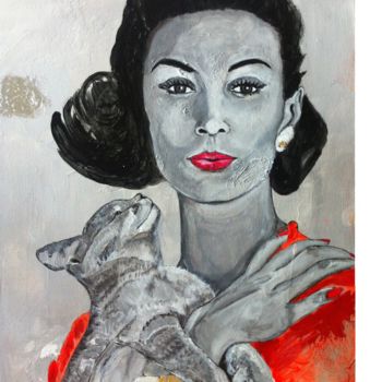 Painting titled "Woman with the cat" by Elisabetta Grappasonni, Original Artwork, Acrylic