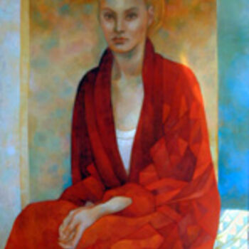 Ζωγραφική με τίτλο "Donna in rosso" από Elisabetta Trevisan, Αυθεντικά έργα τέχνης, Λάδι