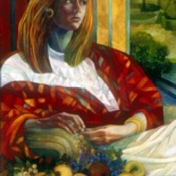 Pittura intitolato "Donna seduta con fr…" da Elisabetta Trevisan, Opera d'arte originale