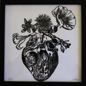 Gravures & estampes intitulée "coeur fleuri" par Elise De Witte, Œuvre d'art originale, Linogravures